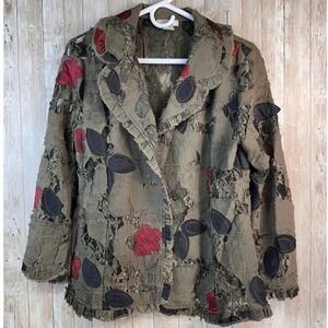 Dorman Womans Jacket Distressed Blazer Sz M Green Floral Applique Ruffle Trim